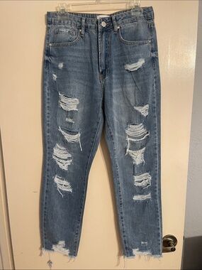 Women’s Distressed Boyfriend Jeans - Medium Blue
